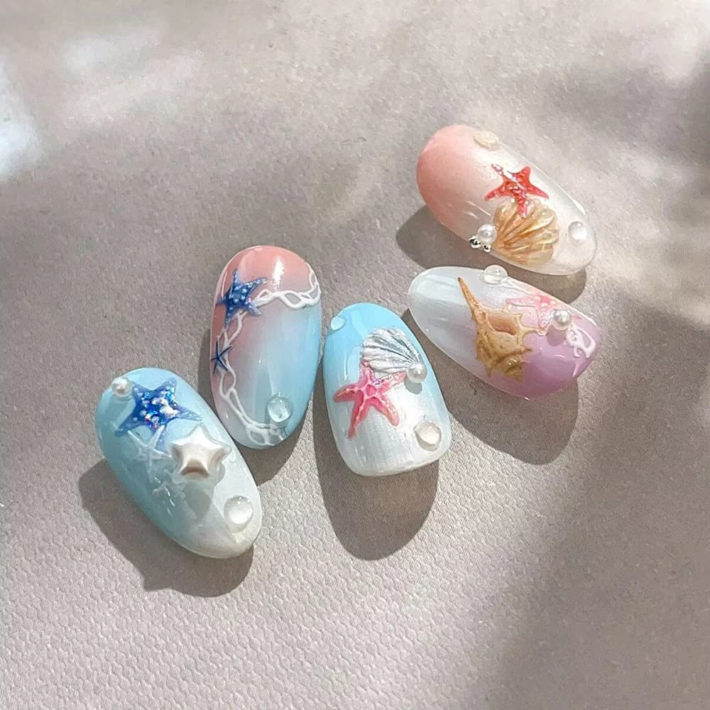 Autocollants pour ongles thème mer d'été, coquilles brillantes, étoile de mer, sirène, conque, plage