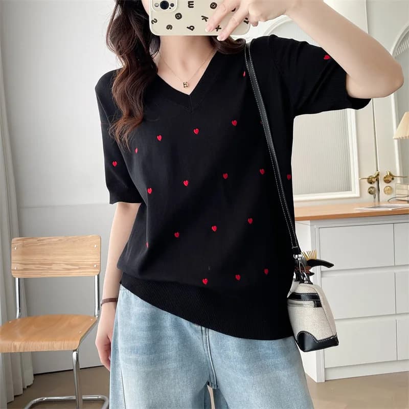 Pull à manches courtes Ice InjEmbroidery Coussins Temperament pour femmes, vêtements décontractés, g