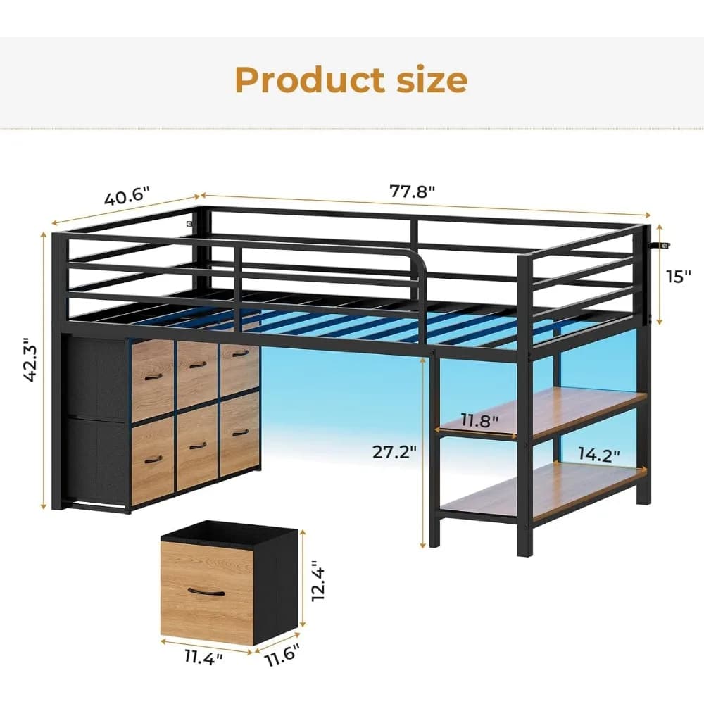 ADORNEVE Lit mezzanine bas avec 6 tiroirs de rangement, lit mezzanine double avec lumières LED, lit 