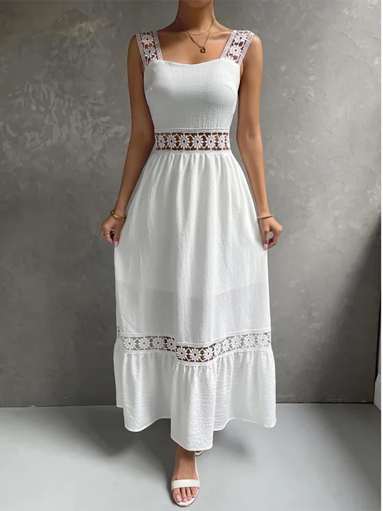 Robe mi-longue blanche pour femmes, style Boho, sexy, ajourée, élégante, à la mode, col carré, pour 