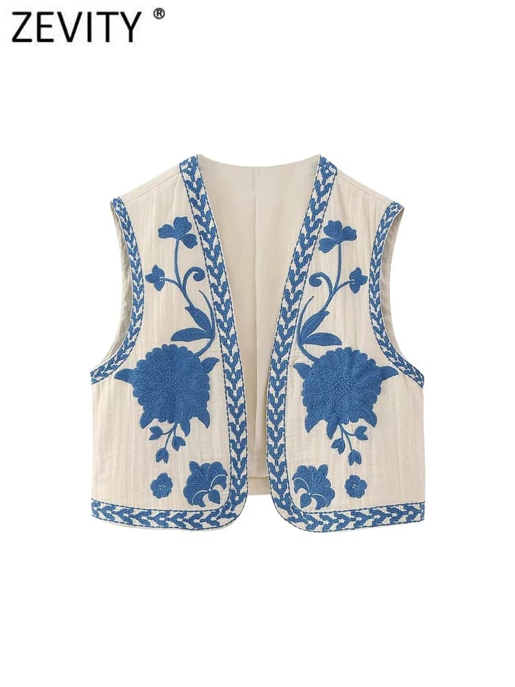 Zevity-Veste Brodée Florale Courte pour Femme, Gilet Décontracté, Style National, Fibre Position, Da