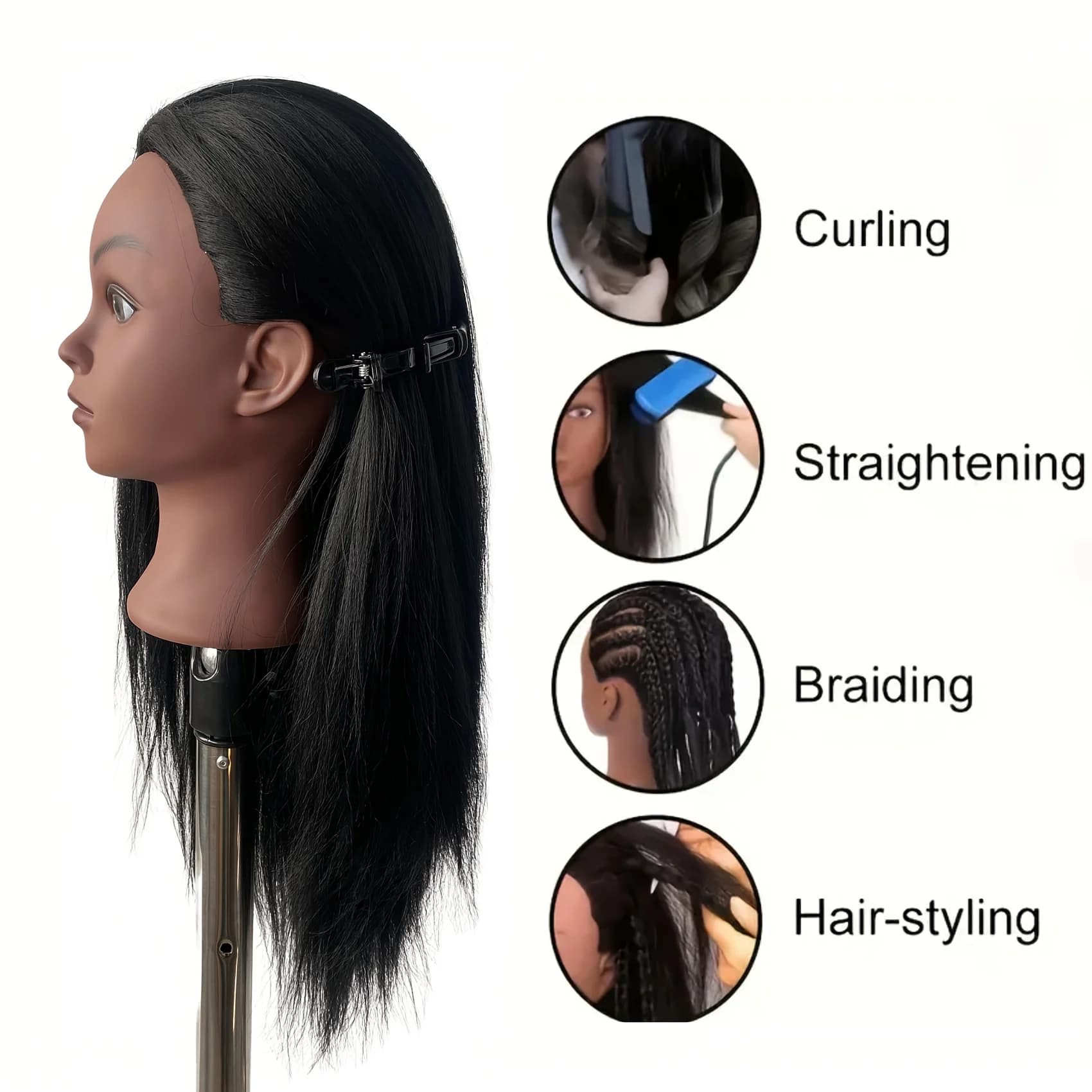 Tête de Mannequin noire de 16 pouces avec cheveux synthétiques pour la pratique du tressage, tête de