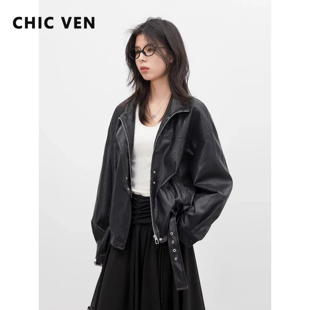 CHIC VEN Nouvelle Veste Courte Femme en PU Style Motard Coupe Ample Col Montant Unie Coupe-Vent Prin