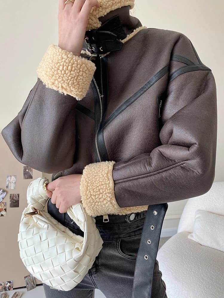 Ailegogo en Fausse Fourrure d'Agneau pour Femme, Streetwear Rétro, Veste avec Ceinture à Fermeture É