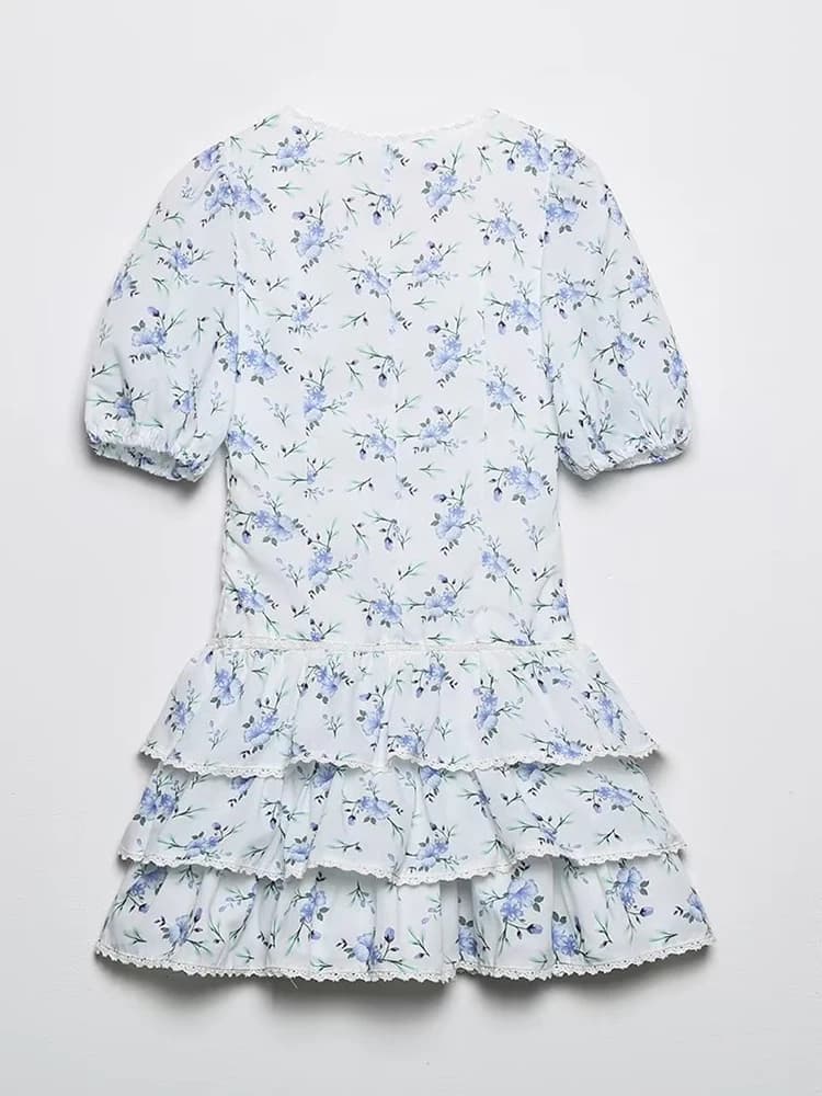 YENKYE-Mini robe à volants en dentelle pour femmes, imprimé floral, manches bouffantes vintage, garn