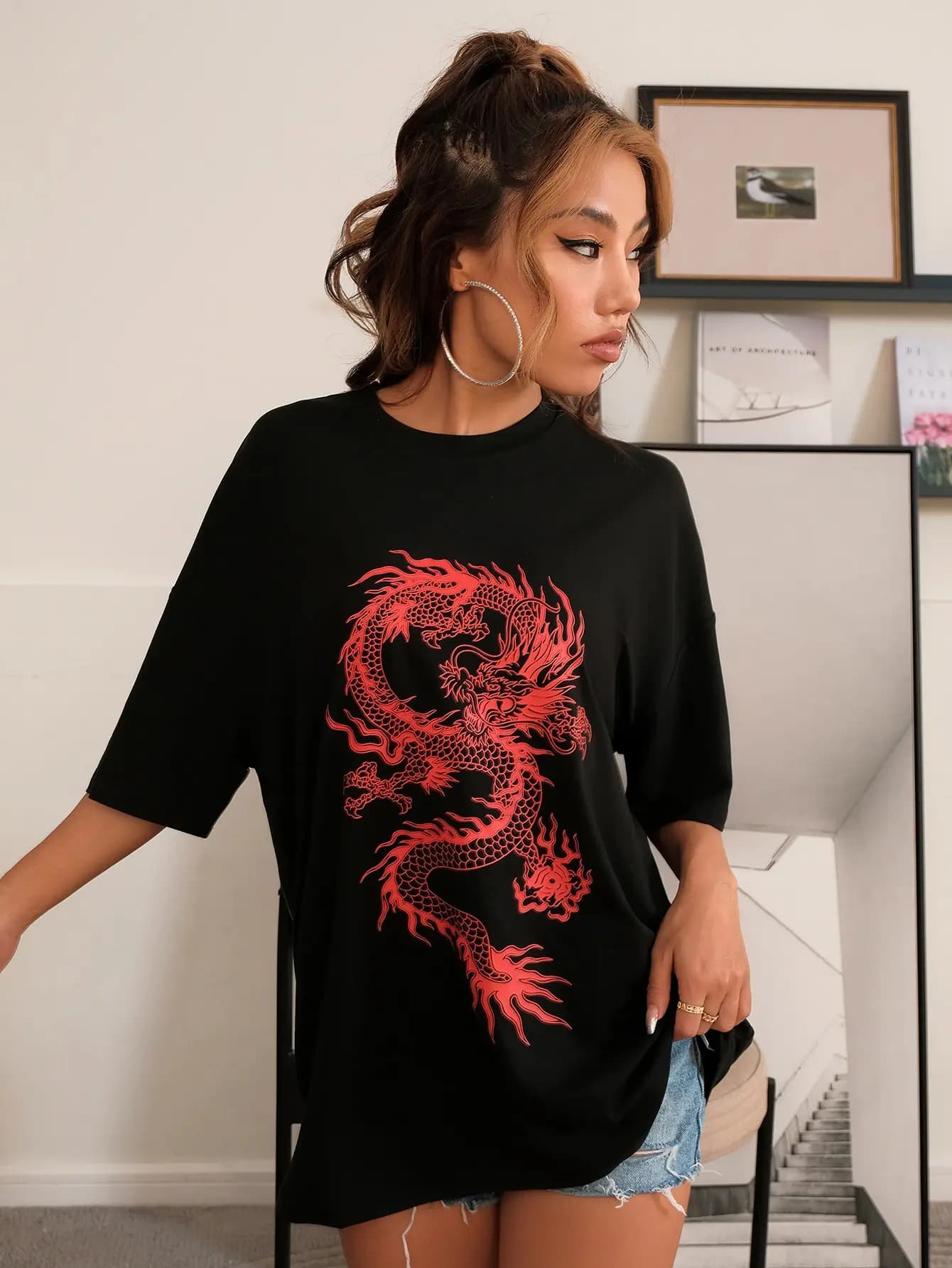 T-shirt manches courtes femme 100% coton, estival et surdimensionné, avec motif dragon rouge chinois