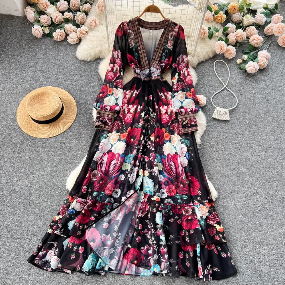 Robe de style bohème pour femme, col en V profond, manches longues, décontracté, imprimé floral, vol
