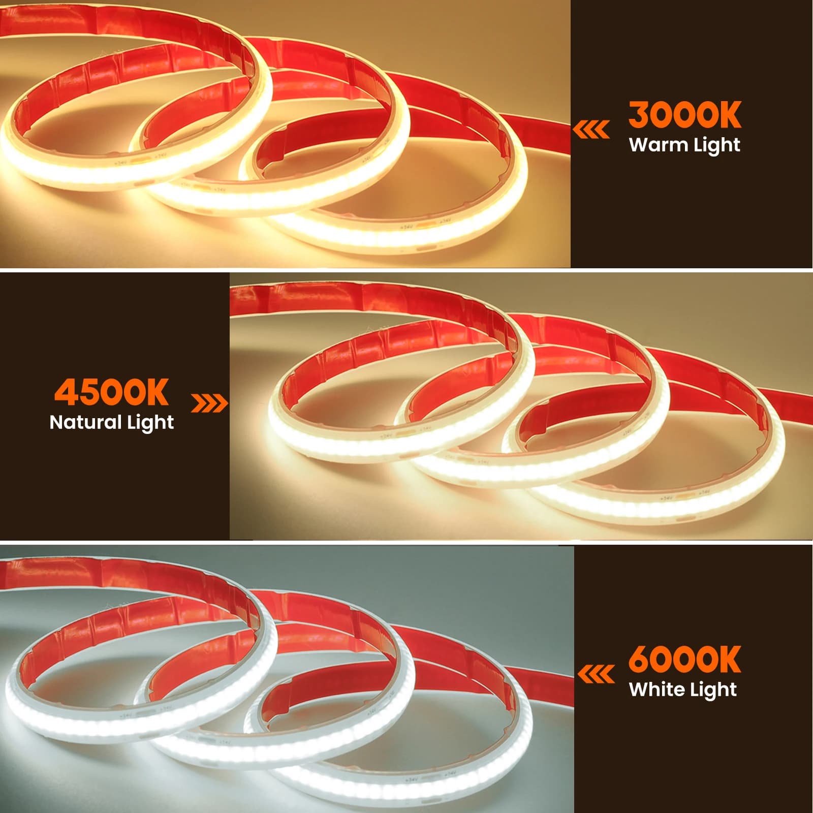 Bande lumineuse LED COB étanche IP68, 12V 24V, 320 diodes/m, haute luminosité, RA90, Flexible, pour 