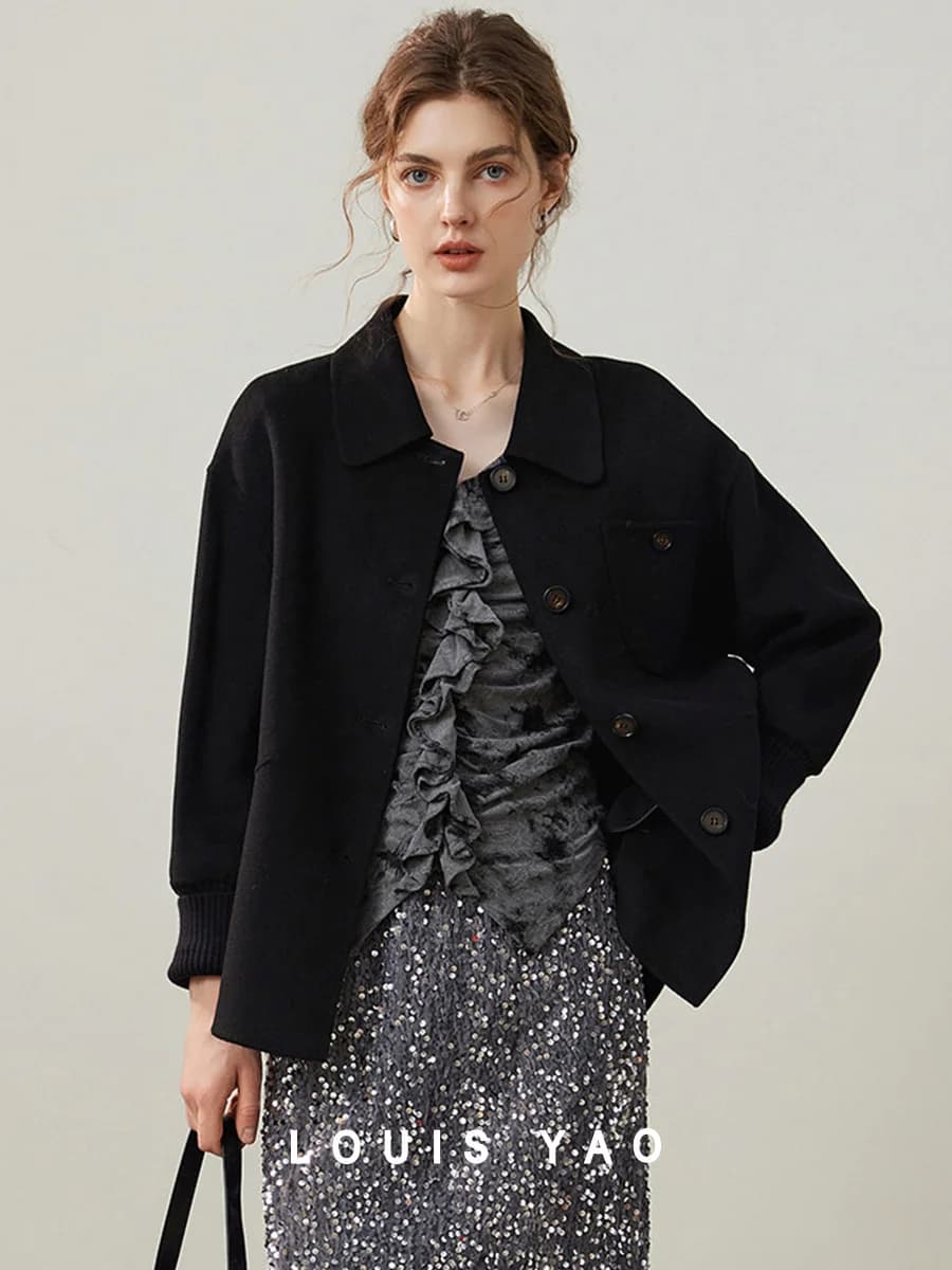 Modiis Yao-Manteau en laine double face pour femme, manteau en laine à manches longues, revers à la 