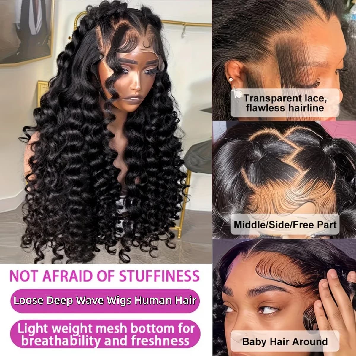 Perruque Deep Wave en cheveux humains, dentelle HD 13x6, bouclée birmane, pré-épilée, sans colle, po