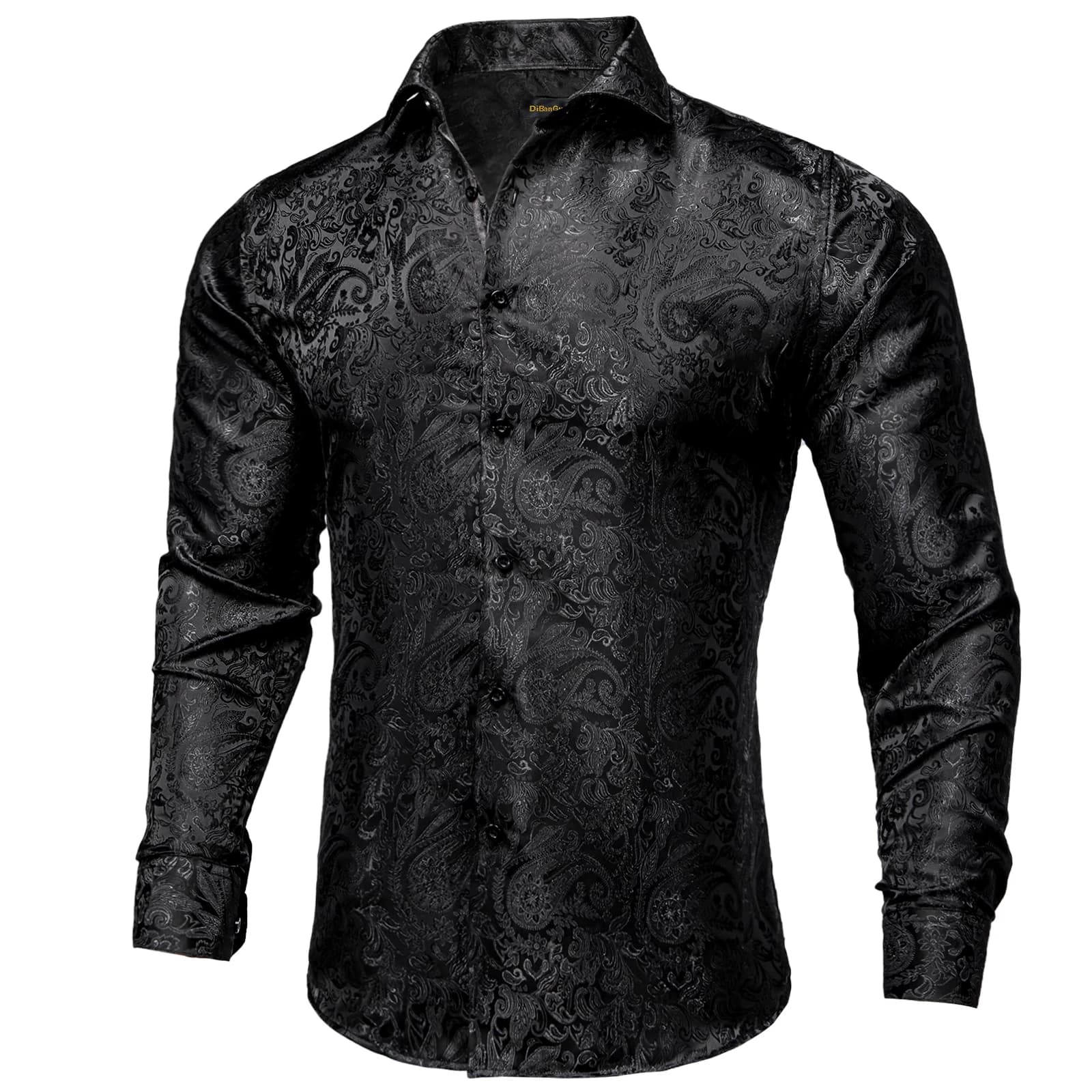 Chemises habillées en soie Paisley noire à manches longues pour hommes, chemise sociale de smoking d