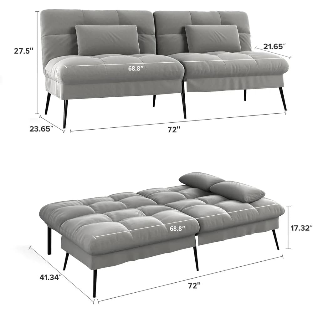 Canapé-lit convertible, canapé futon en tissu de 72 pouces avec dossier réglable, fauteuil inclinabl