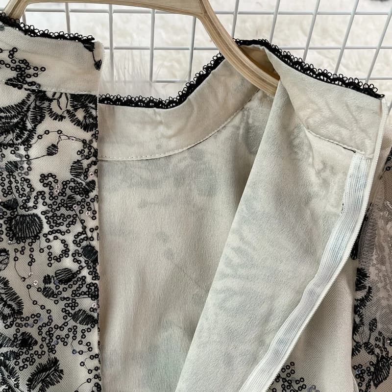 Robe de Soirée Sexy en Maille Brodée pour Femme, Col Montant, Manches Lanterne, Chic, Élégante, Tail