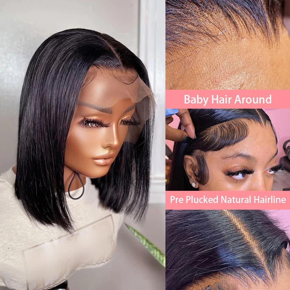 Perruques Lace Frontal 13x4 ultra-lisses, coupe courte bob, pré-épilées, avec dentelle transparente 
