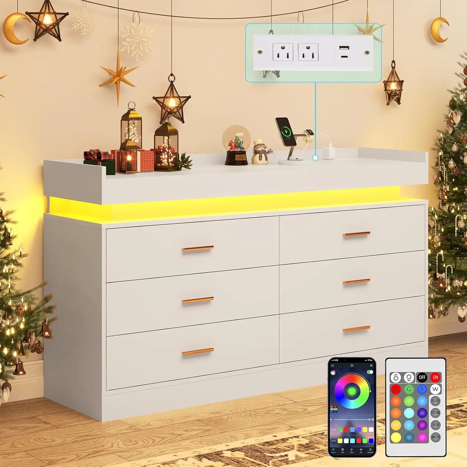 Commode à 6 tiroirs avec station de charge et lumières LED, commode moderne avec prise de courant, a
