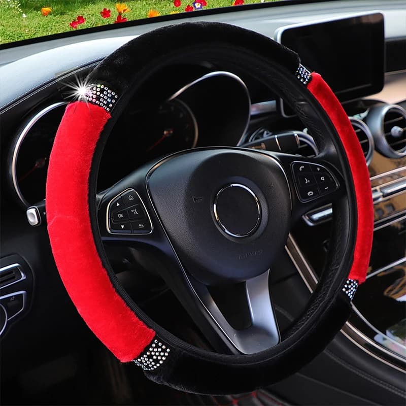 Housse de volant de voiture universelle en peluche douce avec strass de 37 à 38cm de diamètre, acces