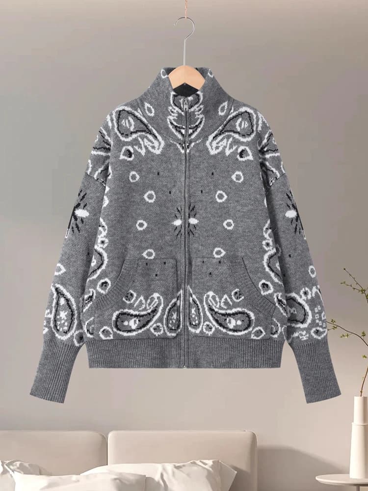 Cardigan en tricot Jacquard à col montant pour femme, ample, fermeture éclair, manches longues, poch