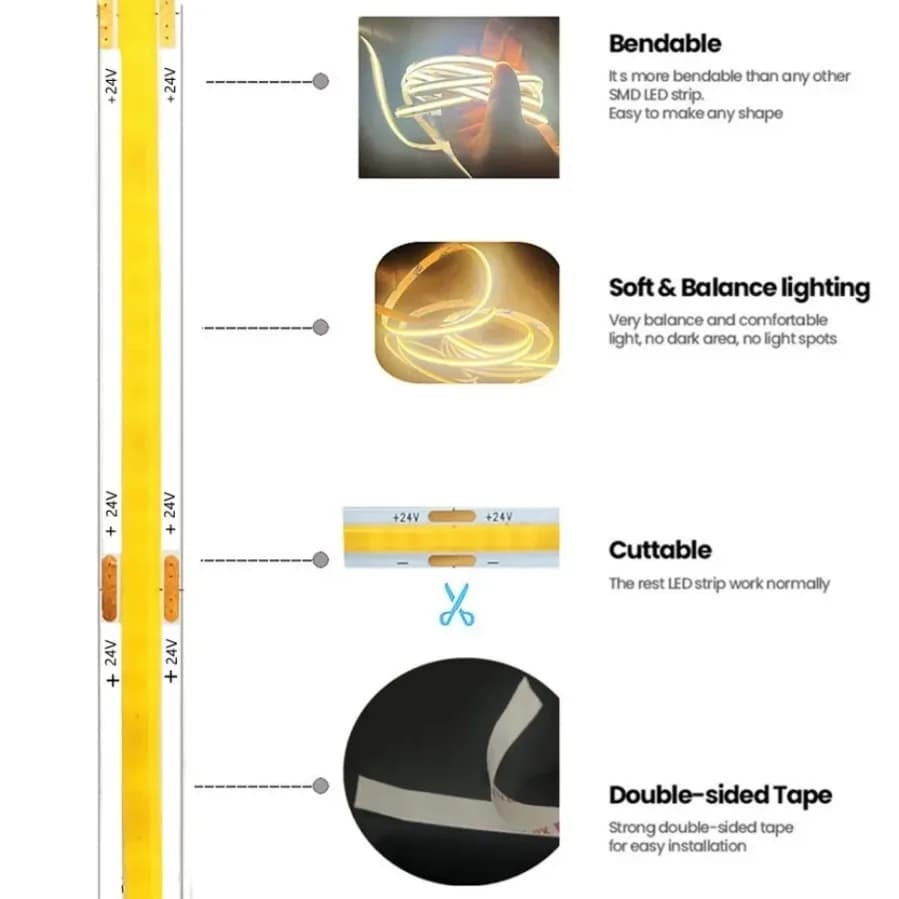 Bande lumineuse LED COB 12V 24V 320 480 LED, bande Flexible 8mm PCB blanc naturel chaud, lumières li