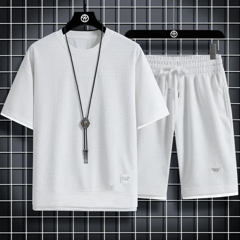 Ensemble de sport d'été pour hommes, T-Shirt + Short décontracté, couleur unie gaufrée, Short à manc
