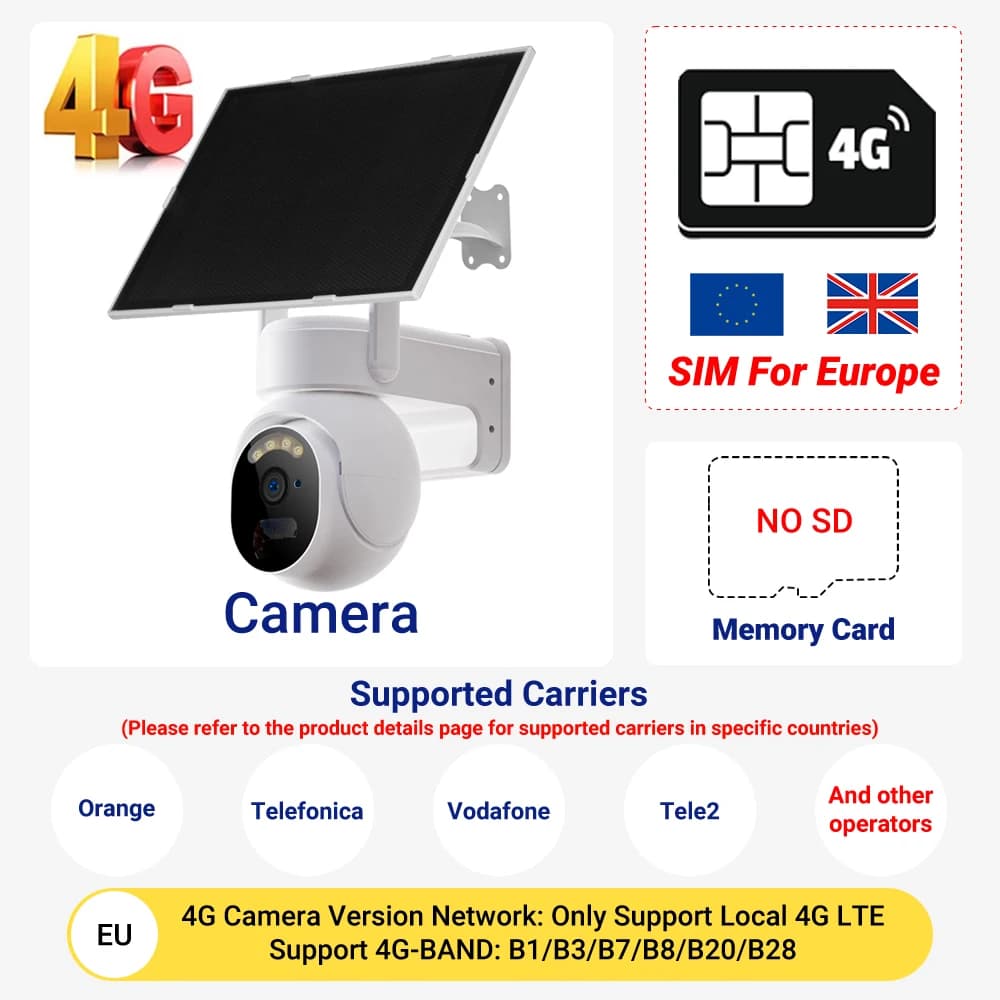 Caméra solaire PEGATISAN 4G LTE 8MP, caméra de sécurité extérieure sans fil alimentée par batterie, 