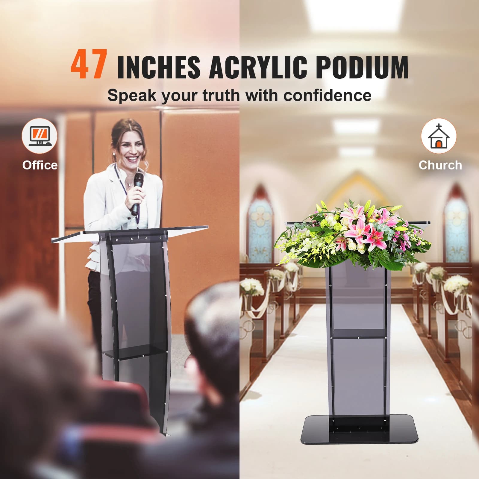 SucceBuy Support de Podium en acrylique de 47 pouces, pupitre transparent sur pied, pupitre de burea