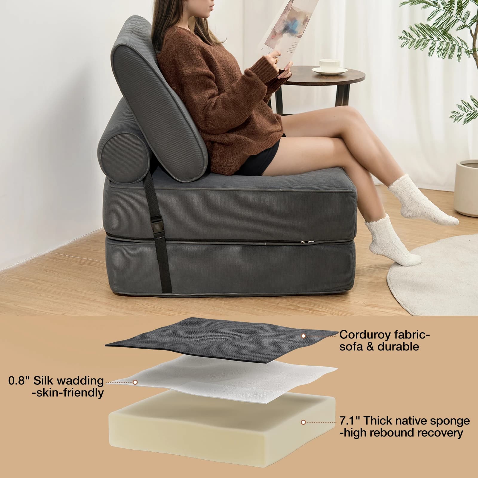 Canapé-lit pliant 3 en 1, canapé-lit Convertible avec 2 oreillers, matelas pliable avec Support dors