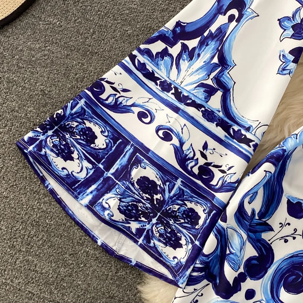 L'été Piste Bleu Et Blanc Porcelaine Lâche Longue Robe Femmes O-cou Manches Évasées Floral Inmprimé 