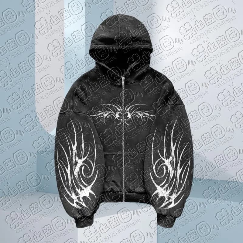 Sweat à capuche Hip Hop pour hommes, fermeture éclair, noir, gris, motif imprimé foncé 3D, gothique,