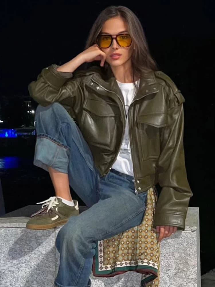 HH mode printemps femmes Faux cuir recadrée veste 2026 Vintage col rabattu fermeture éclair manches 