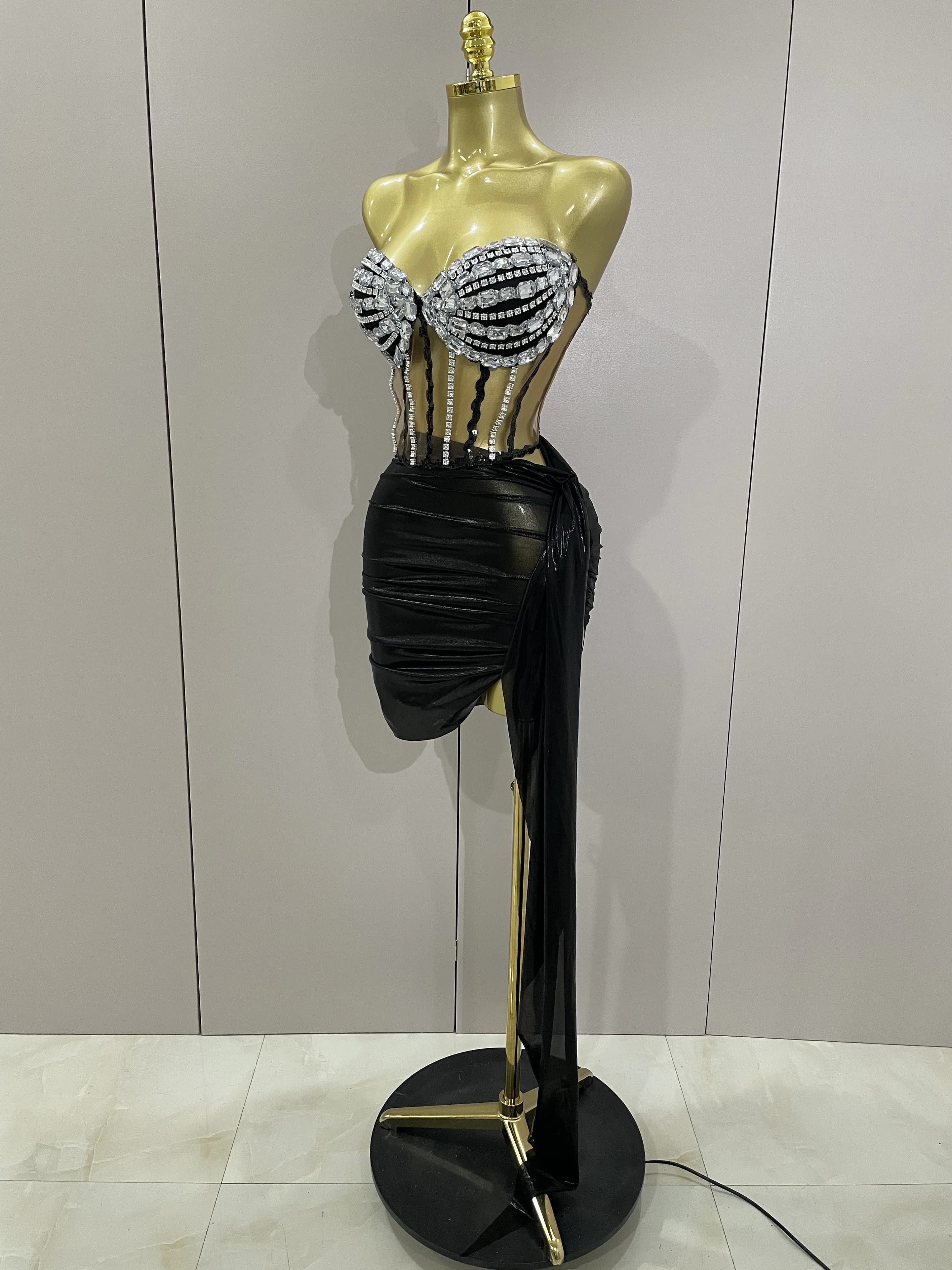 Sexy brillant strass paillettes 2 pièces haut jupe ensemble 2025 femmes célébrité soirée scène disco
