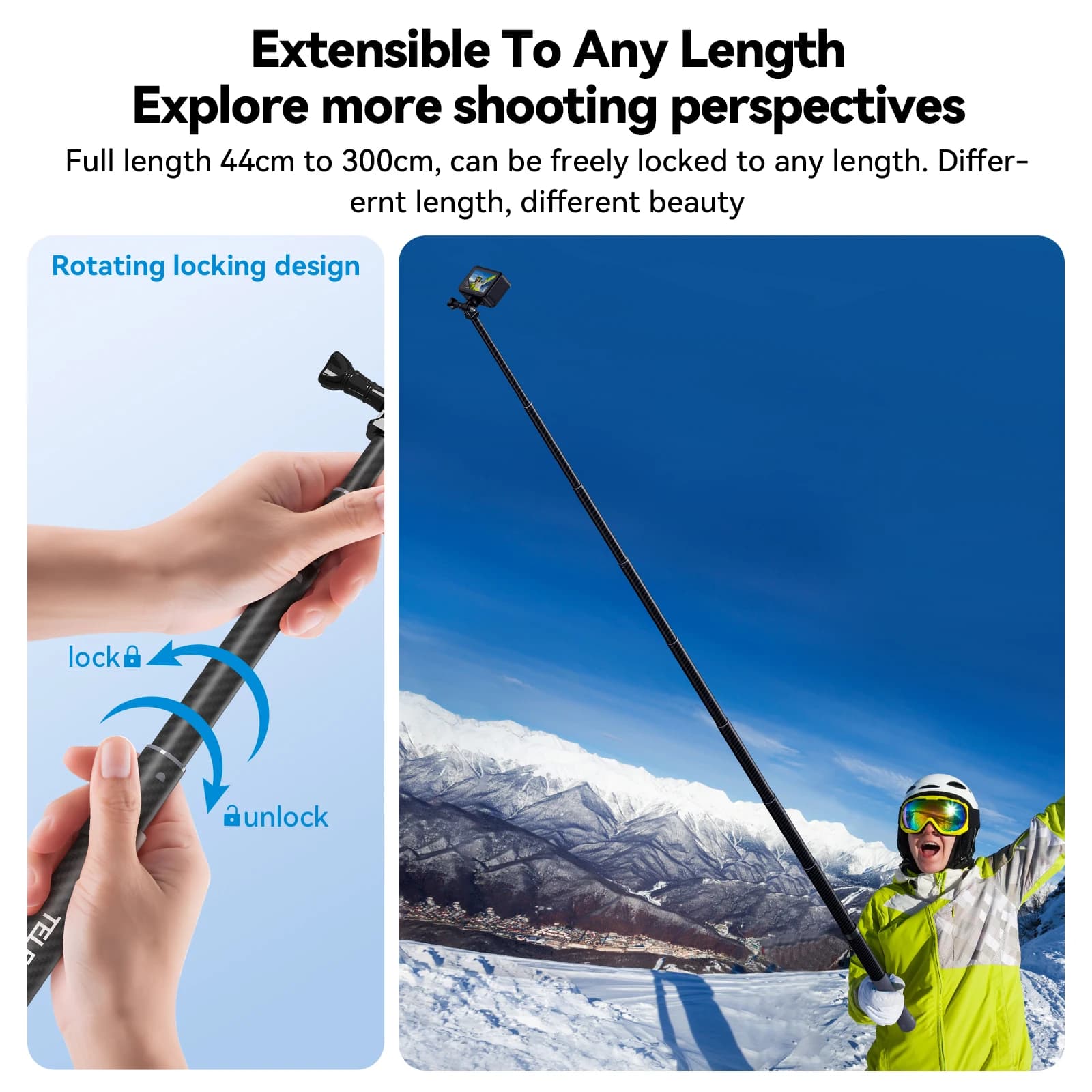 TELESIN 1.2M 3M fibre de carbone Selfie bâton monopode extensible avec 1/4 vis pour GoPro Insta360 O