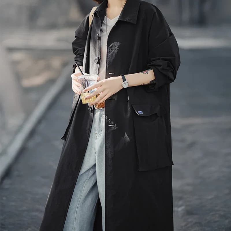 Maden – manteau Balmacaan noir pour femme, col simple boutonnage, mi-long, coupe-vent, pour printemp