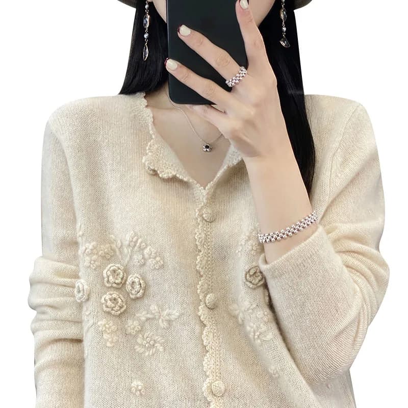 Pull en Cachemire Pur pour Femme, Cardigan à Col Rond en Dentelle, Broderie Décontractée, Veste Douc