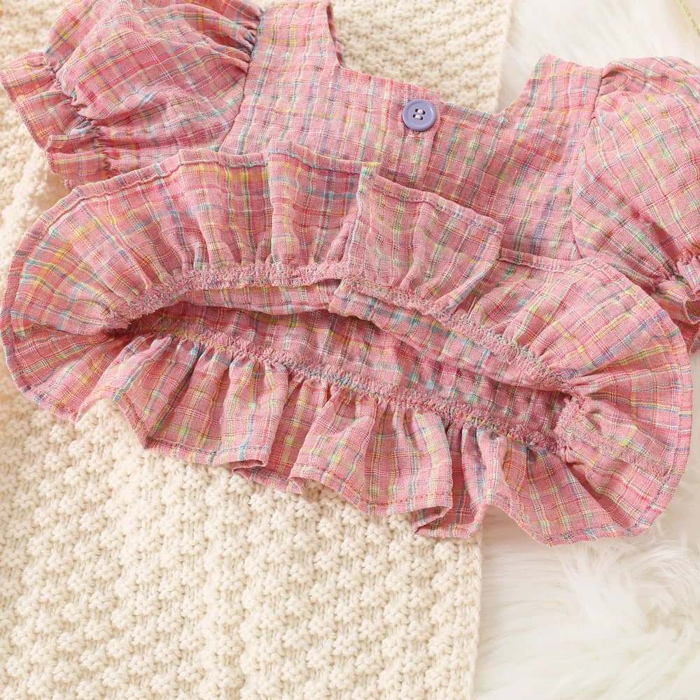 (0-3 ans) été bébé fille coton couleur Plaid bulle manches haut et short ensemble mignon princesse S