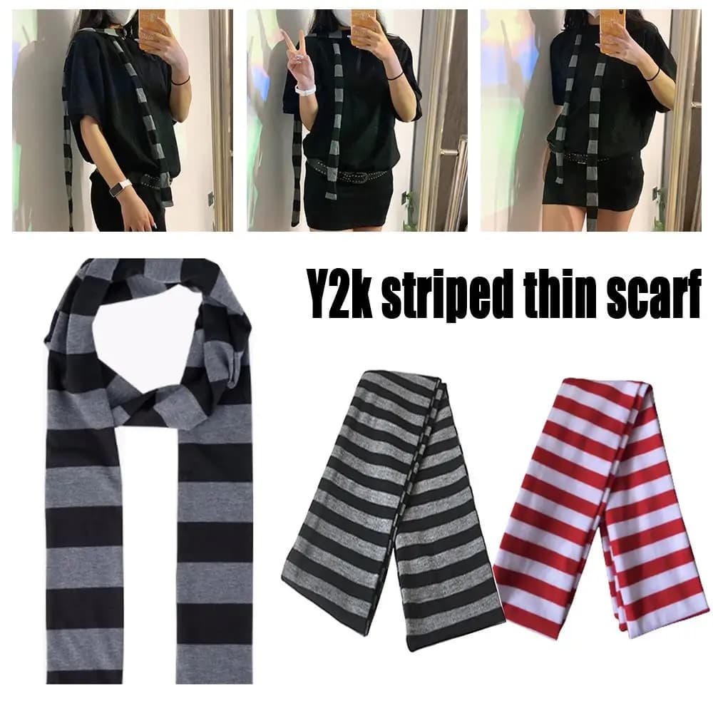 Y2K noir gris rayé écharpe pour femmes coton longue écharpe tour de cou écharpe Punk maigre mince co
