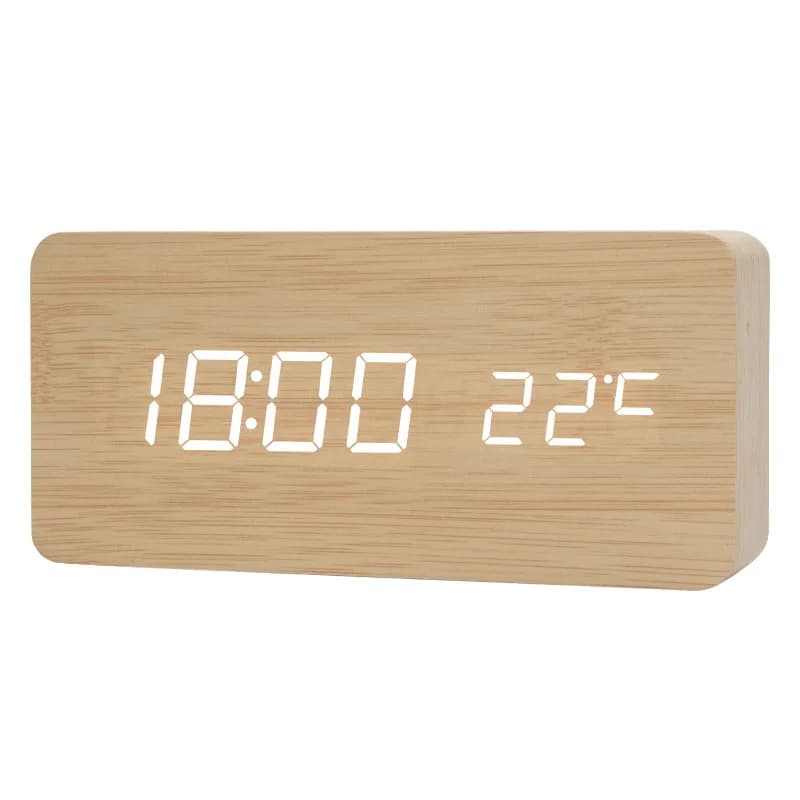 Réveil numérique LED en bois avec commande vocale, horloge de table électronique alimentée, décorati
