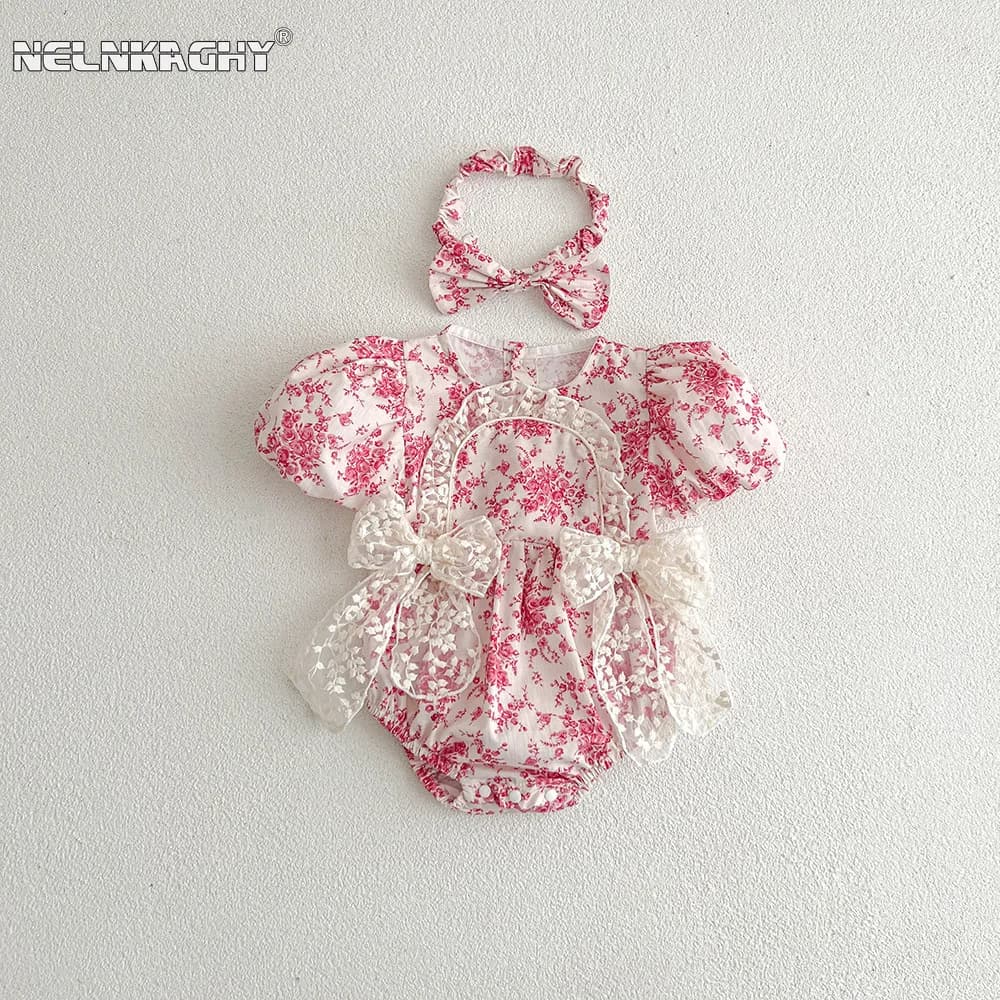 2025 été nouveau dans infantile princesse Style combinaisons nouveau-né enfants arc dentelle fleur v
