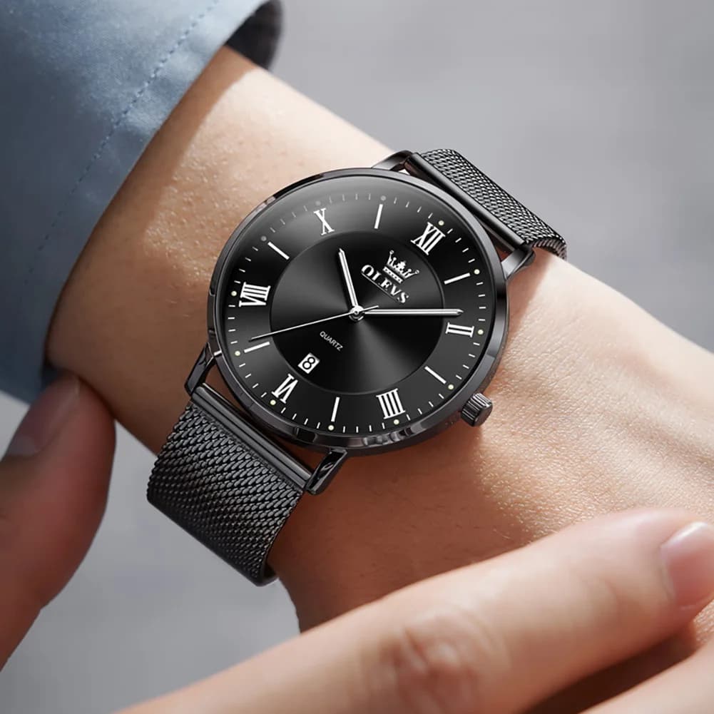 OLEVS 5623 Montre à quartz pour homme, cadran minimaliste avec chiffres romains, bracelet en maille 