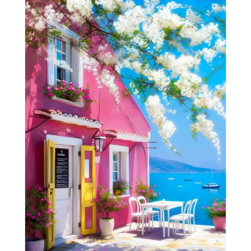 CHENISTORY Kits de peinture par numéros Maison Fleur Rose Dessin de bord de mer sur toile Peinture à