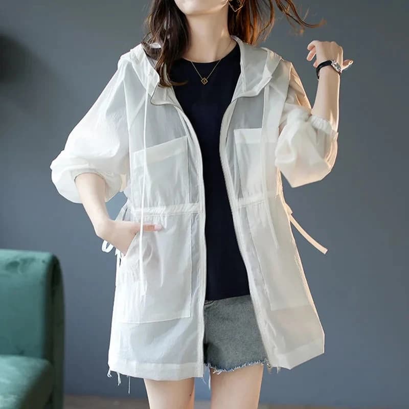 Lightweight Hooded Sunscreen Jacket Women's Mid-Long White Windbreaker Waist-Breathable Summer 2022 