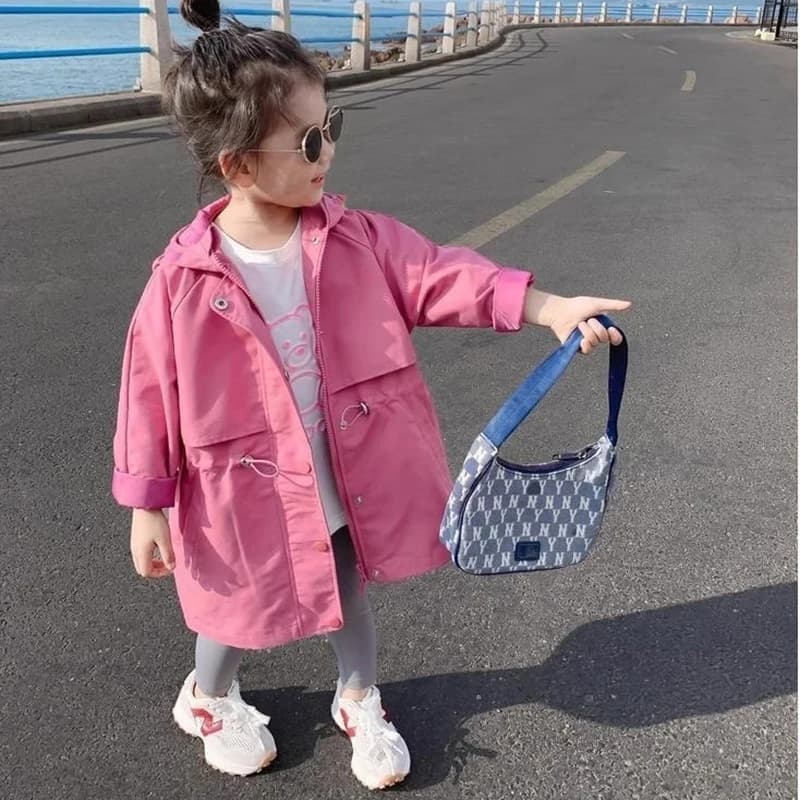 Veste coupe-vent à capuche rétractable pour filles, style long, collection printemps-automne, très v