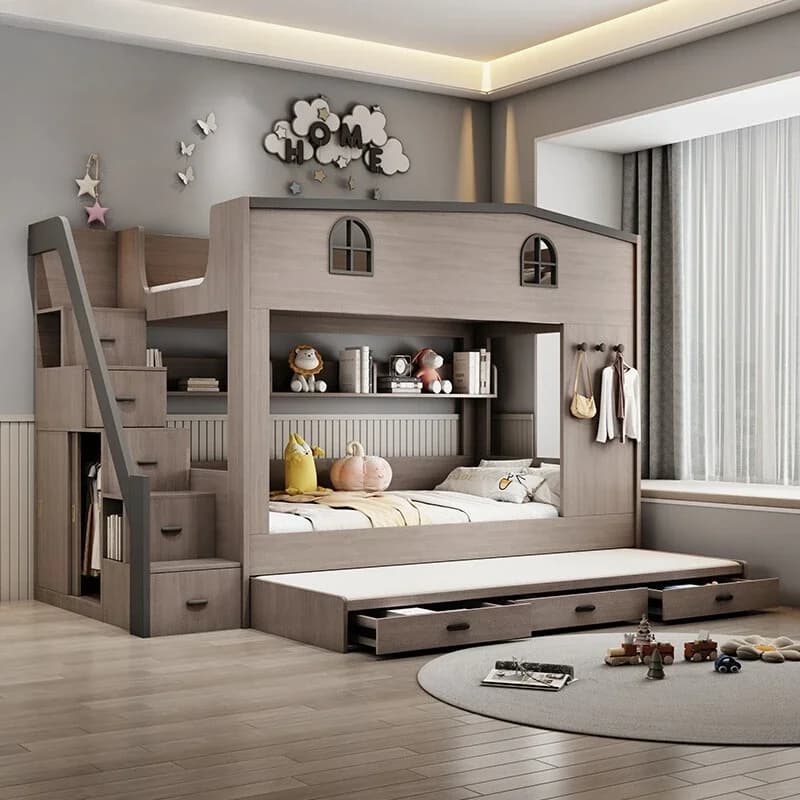Lit superposé enfants avec tiroir de rangement loft lit double escaliers d'escalade cadres complets 