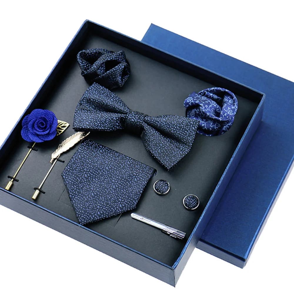 Ensemble de 8 pièces d'affaires, cravates bleues pour hommes, broches florales, boutons de manchette