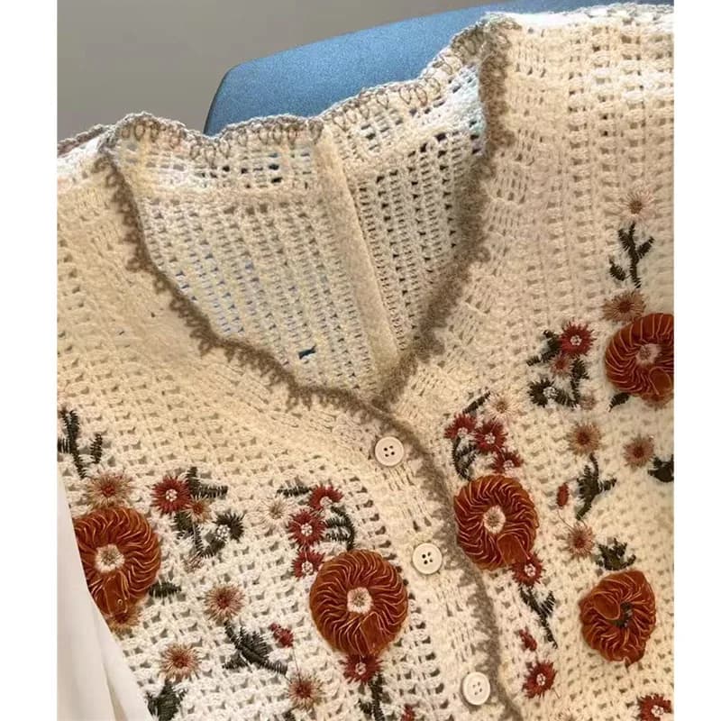 Cardigan Brodé Rétro à Manches sulfpour Femme, Petit et Faux Deux, Top, Pull, Printemps et Automne