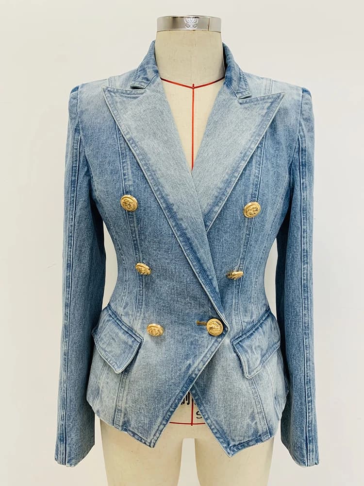 HIGH STREET Nouveauté 2026 Blazer en jean pour femme, coupe ajustée, croisé, avec boutons motif lion