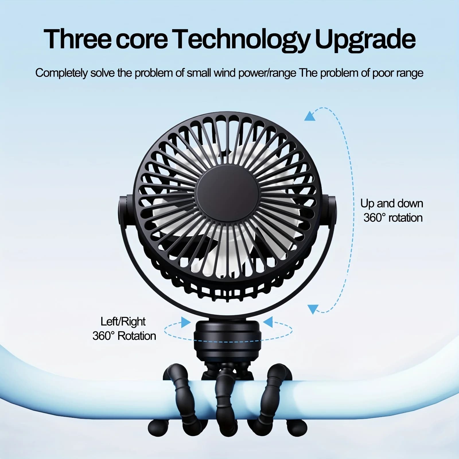 Mini ventilateur portable flexible sur trépied, rechargeable, 3 vitesses, pour poussette, avec rotat