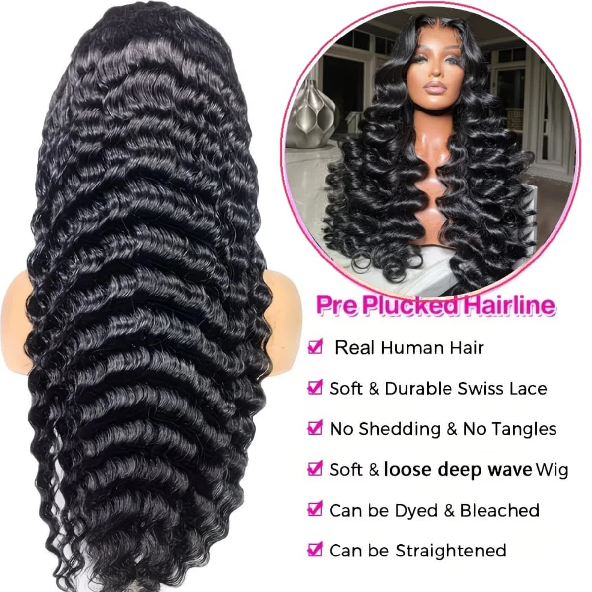 Perruque Deep Wave en cheveux humains, dentelle HD 13x6, bouclée birmane, pré-épilée, sans colle, po