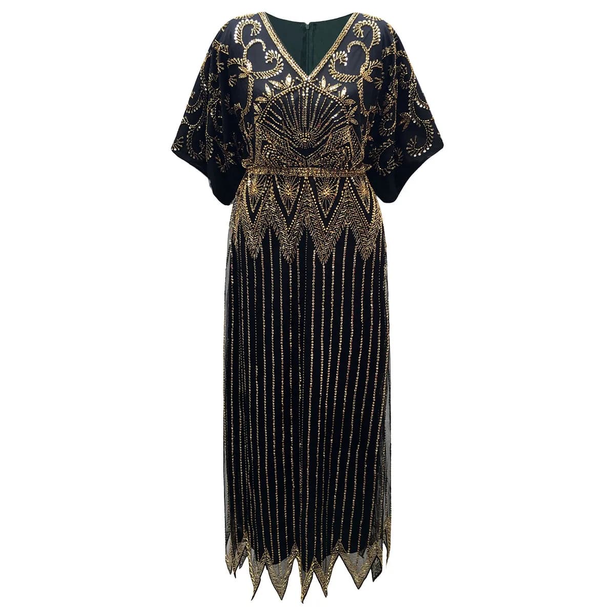 Robe de soirée longue à paillettes pour femmes, élégante, col en V, manches courtes, ligne A, taille