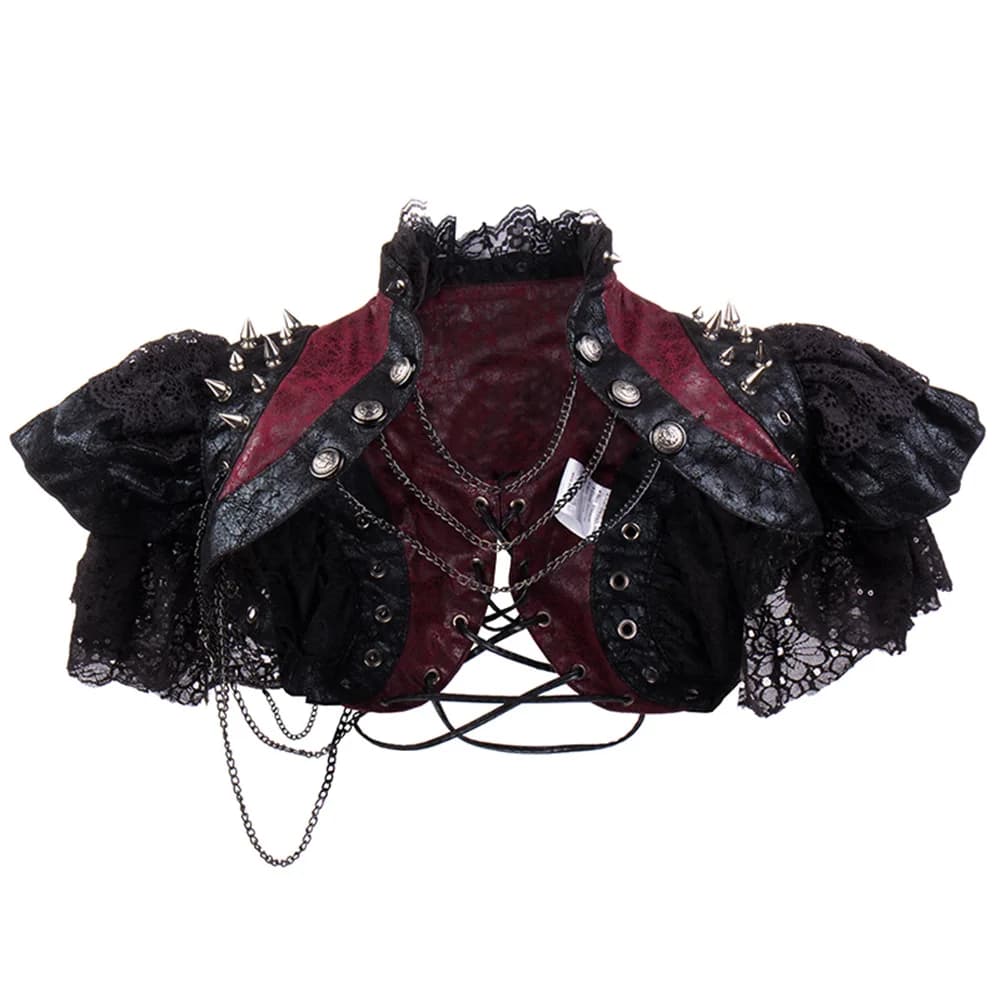 Veste vintage en cuir rouge et dentelle noire pour femme, RiSALE Equiy2k, Costume Steampunk, Vêtemen