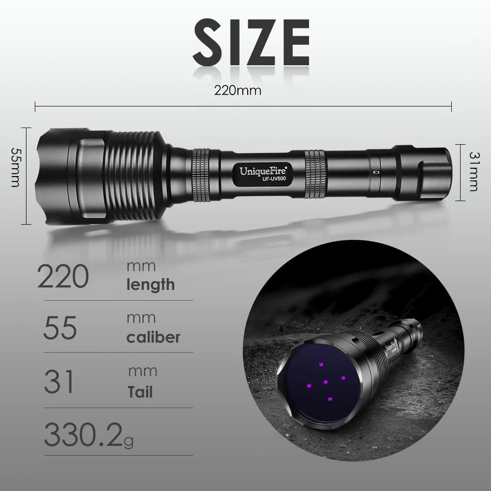 UniqueFire 50W UV500 365NM lampe de poche LED à lumière noire haute puissance et faisceau de qualité